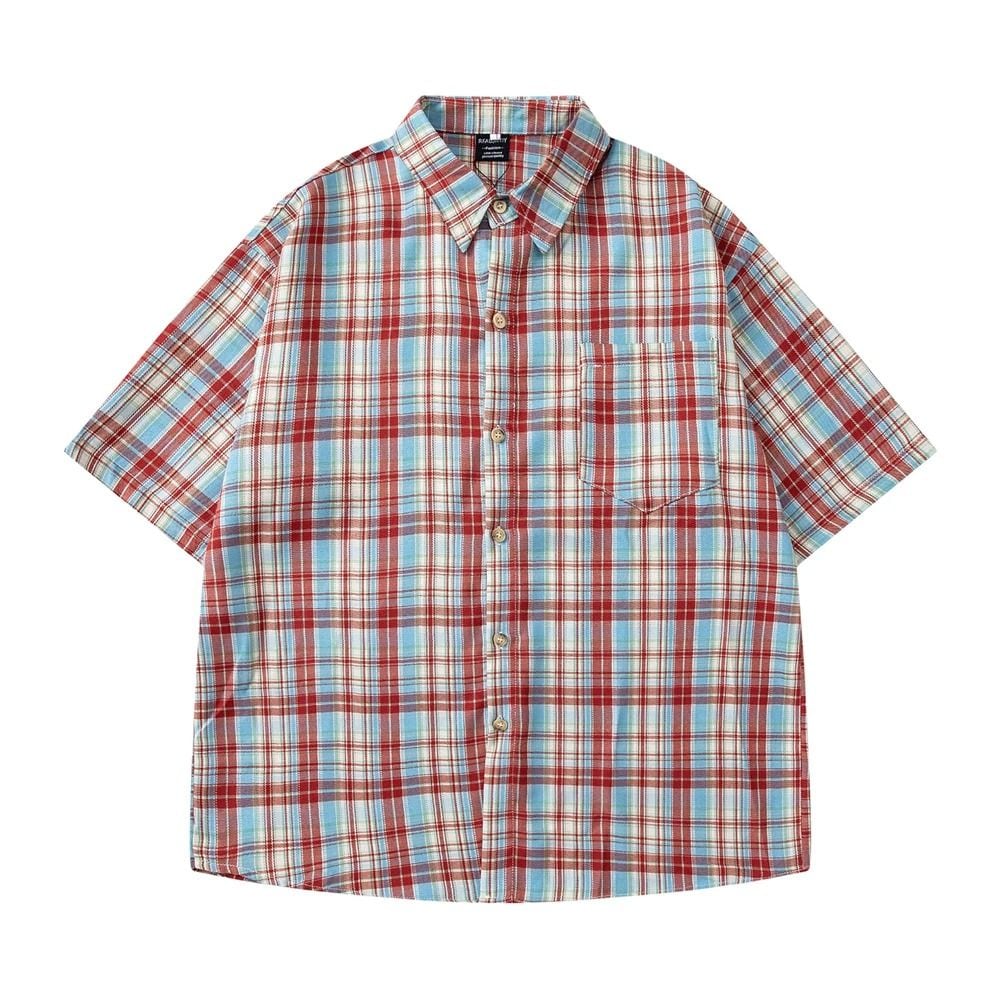 【UNISEX】PLAID CONTRAST SHORT SLEEVE LOOSE FIT SHIRT M-18060