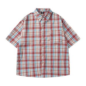 【UNISEX】PLAID CONTRAST SHORT SLEEVE LOOSE FIT SHIRT M-18060