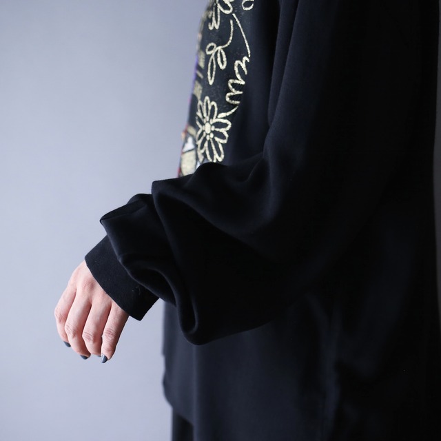 switching lame fabric multi art pattern and antique button black mode shirt