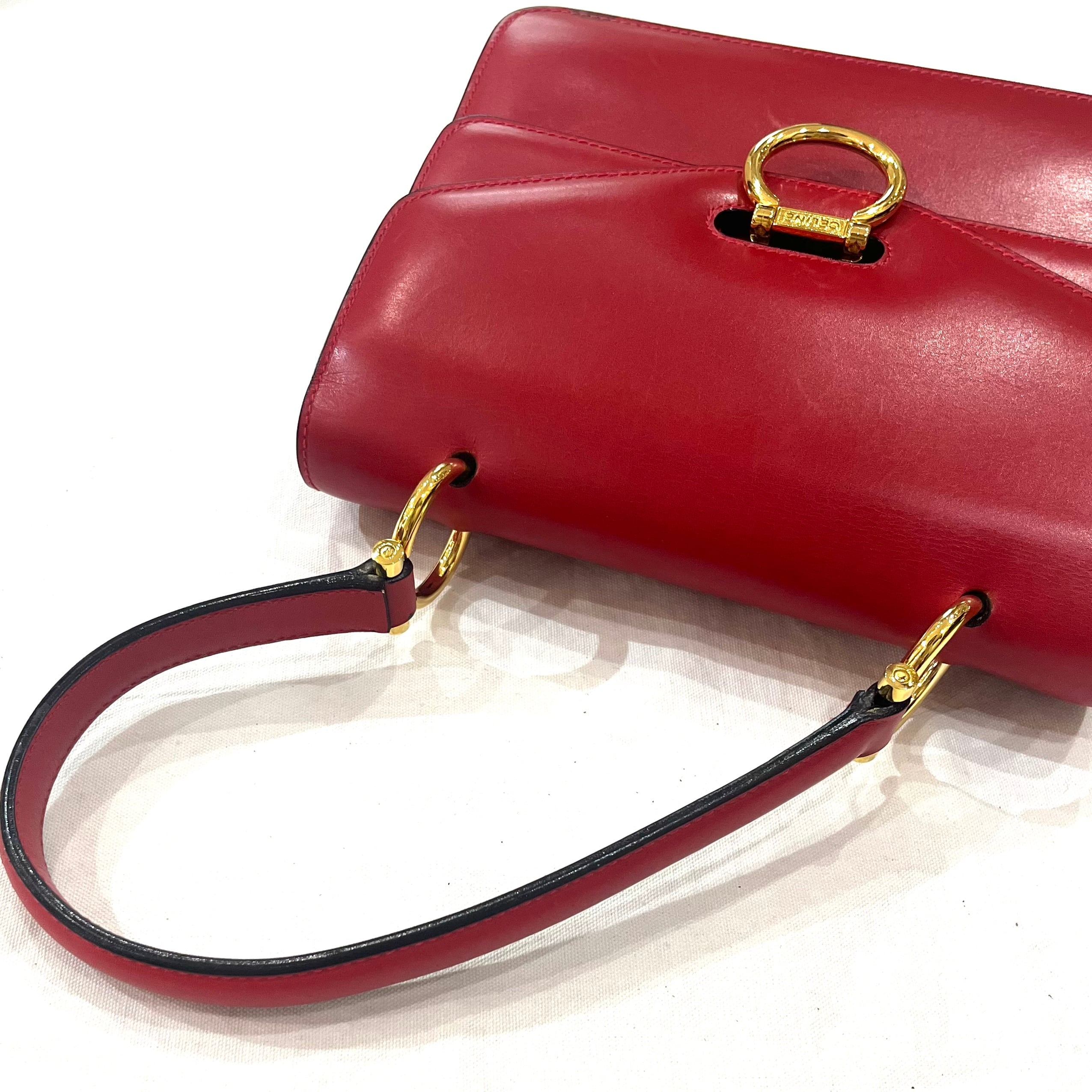 CELINE】セリーヌヴィンテージ二重蓋 Wフラップ レザーハンドバッグ 赤