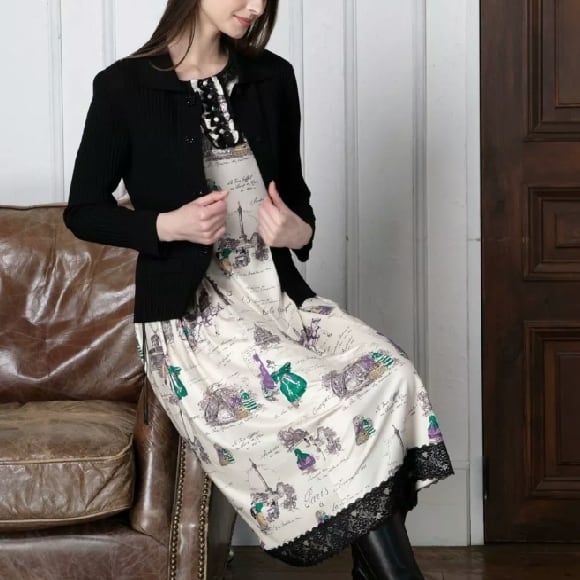 スーパービューティー ワンピース 胸元×裾レースプリント 2526004 ベージュ 2025年秋冬 オーラボー 大人かわいい服 大人スタイル キレイメ Super Beauty レディース アパレル 女性 M L LL 30代 40代 50代 60代