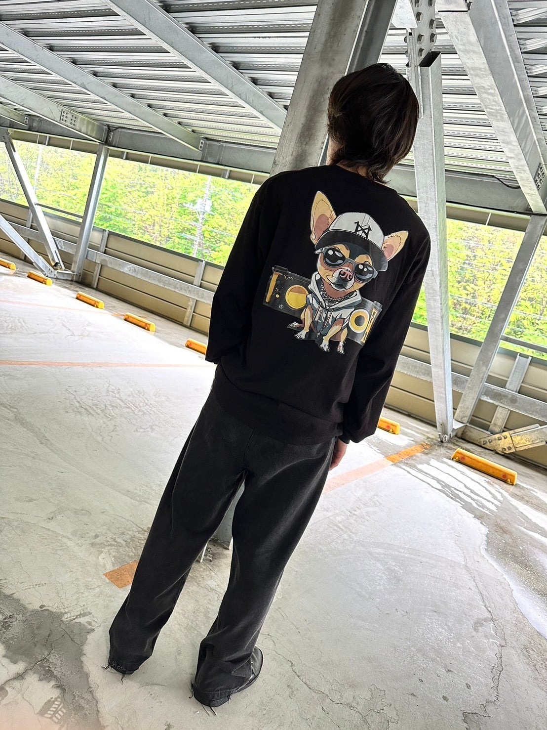 グッチ グッチョリ チワワ スウェット シャツ 半袖 シェリーライン 黒 M Tシャツ 半袖 チワワ 犬 ロゴ 前面 プリント 筆記体 英語 ファミリー