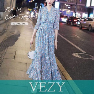 花柄 シフォンワンピース 7分袖 韓国風 ロングワンピース ハイウエスト Vネック Aラインワンピース リゾート 春秋夏 レトロワンピース 体型カバー ワンピース チュニック ベジー VEZY ItemNo.【17771532 】