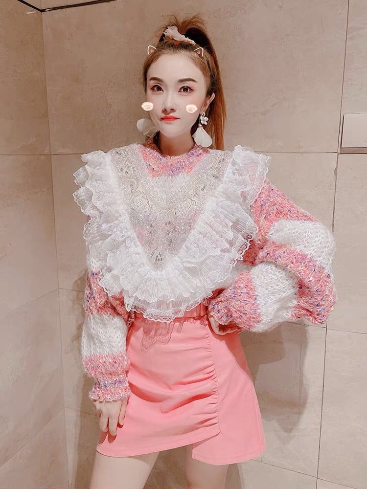 2カラー 】ニット セーター フリル ピンク オレンジ パープル トップス