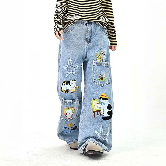 キャットアートエンブロイダリーデニムパンツ
1col R01651