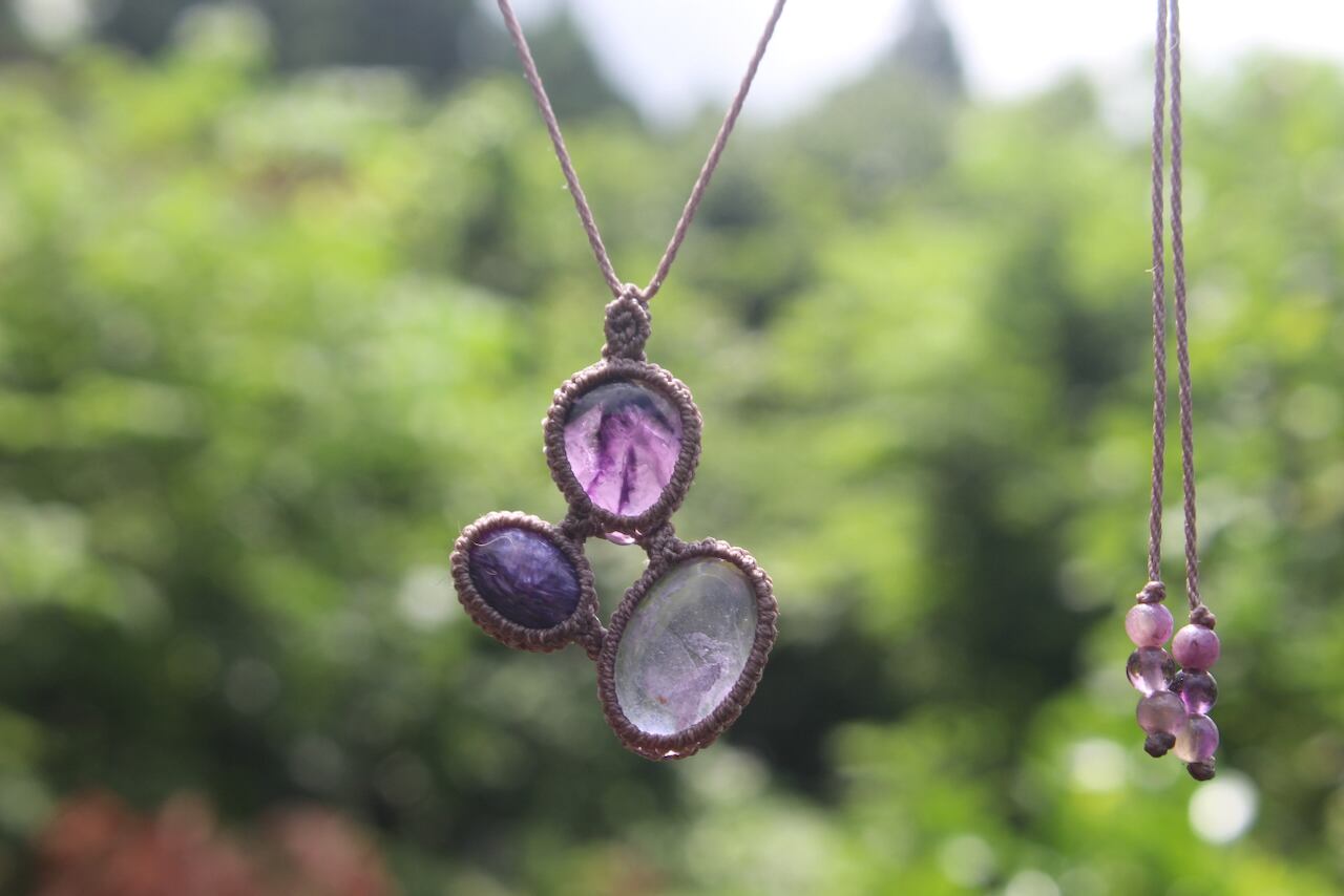 Fluorite & Charoite & Amethyst micro macrame pendant