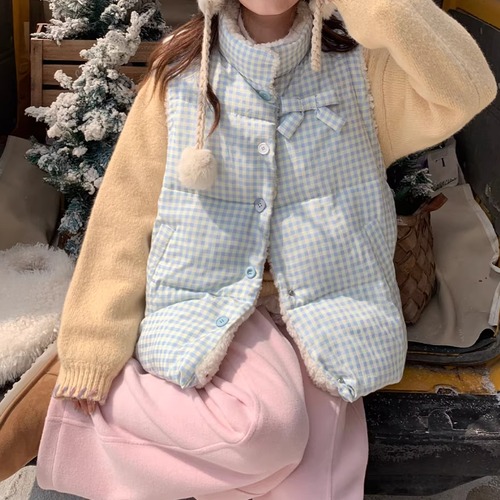 裏起毛ボアチェック柄ジャケットベスト ・9696