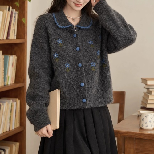 3色/刺繍フラワーステッチカラーニットカーデ ・79420