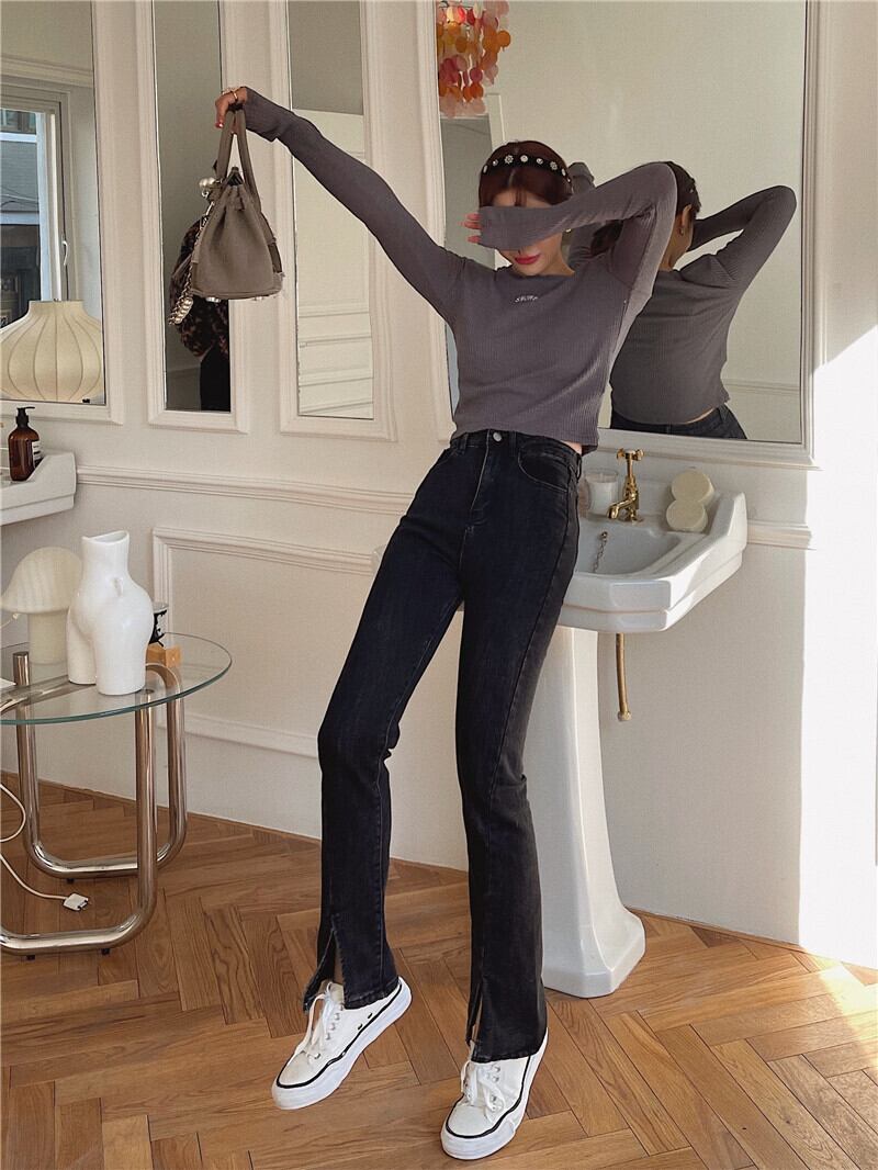 ジーンズ ウェスト薄手スリットパンツ スプリングスリム 春物 ブラックストロベリース63205382862