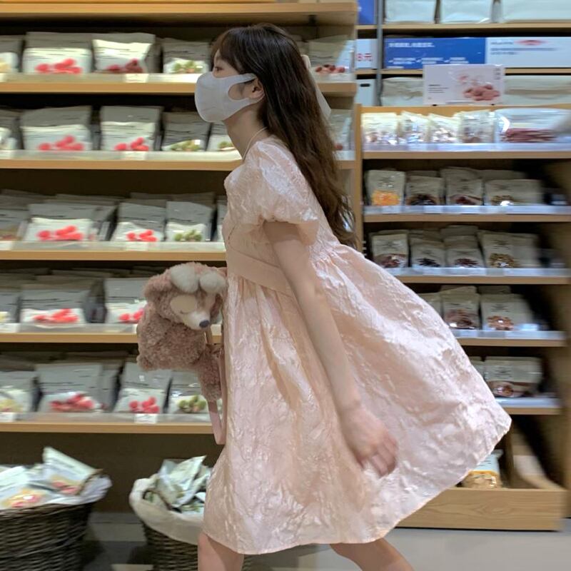 スリーブドレス サマースタイルショートスカート ピンク 大人ガーリー スウィート キュート カジュアル 夏物 試着室98411860394