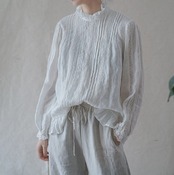 レトロフレンチリネンスタンドカラーレースシャツ