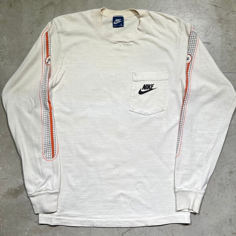 80's NIKE ナイキ 胸ポケット付きロンTee L/Sカットソー 袖プリント 紺 ...