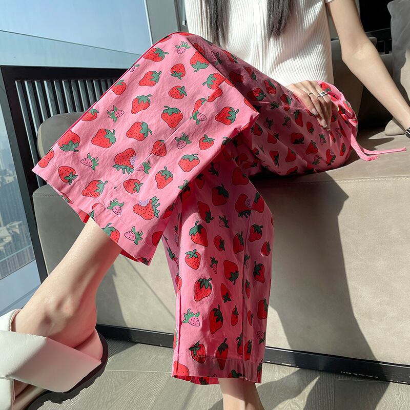 いちご柄 ハイウエスト カジュアルパンツ レディース パンツ ボトムス