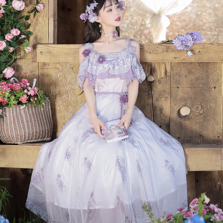 ロリータ ラベンダー花柄ケープ付きJSK お茶会向けワンピース