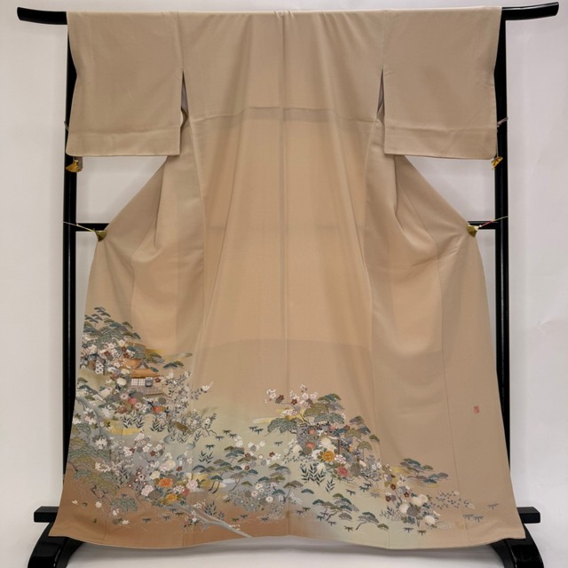 色留袖 結婚式 紋付 リサイクル着物 正絹 裄67cm L size リメイク 中古 礼装 リユース 6408