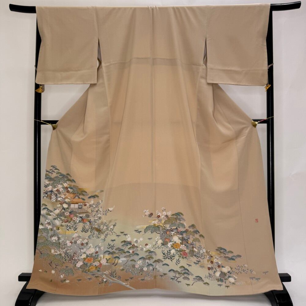 色留袖 結婚式 紋付 リサイクル着物 正絹 裄67cm L size リメイク 中古 礼装 リユース 6408