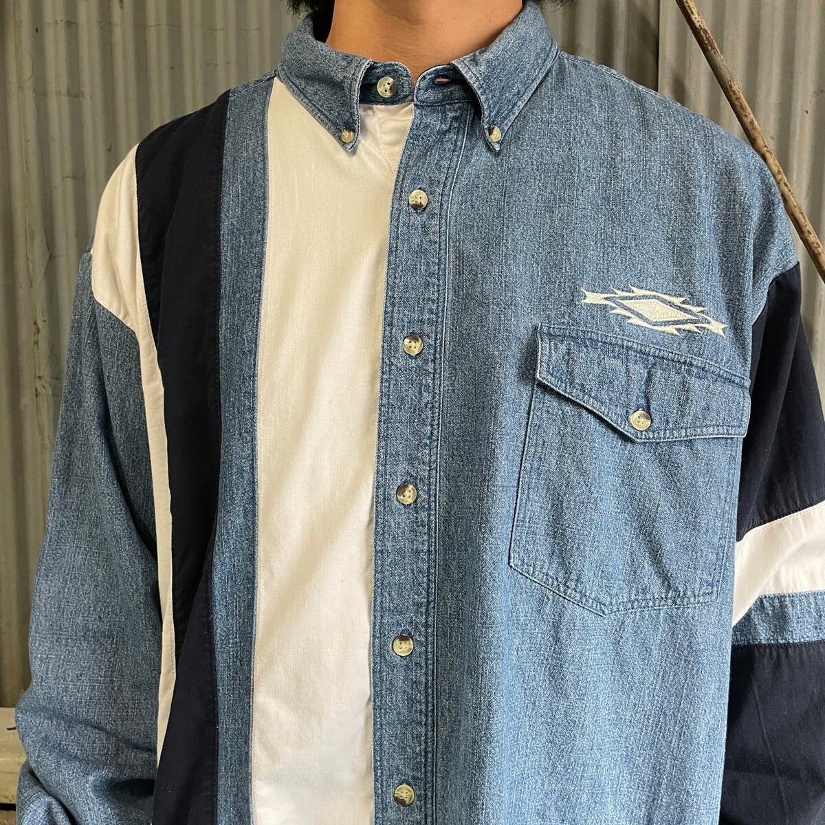ビッグサイズ Wrangler ラングラー デニム切り替え ボタンダウンシャツ