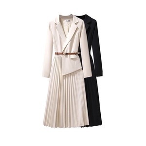 【送料無料】 ワンピース レディース 切り替えワンピース 切り替え ドッキングワンピース セットアップ風 長袖 ジャケット テーラードジャケット 開襟 プリーツスカート プリーツ アコーディオンプリーツ フレア ハイウエスト ウエストマーク ベルト ロングワンピース ロング丈 ミモレ丈 オケージョン 大人 上品 きれいめ お呼ばれ OL オフィスカジュアル 謝恩会 同窓会 20代 30代 40代 50代 大きいサイズ S-3XL 春 秋 冬 アイボリー ブラック 黒
