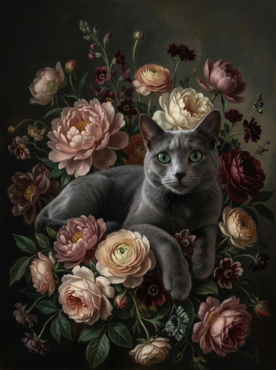 猫（ロシアンブルー）の花に囲まれた油絵風アート A3額装インテリア