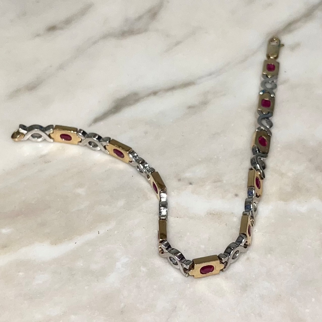 vintage 9ct gold bi-color unusual link ruby bracelet