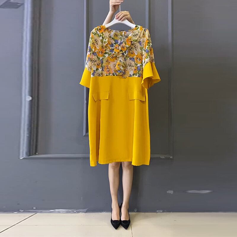 薄手フローラルダブルポケットドレス スカート 大きめサイズ 花柄 ステッチ ミックスインファッション24813613966