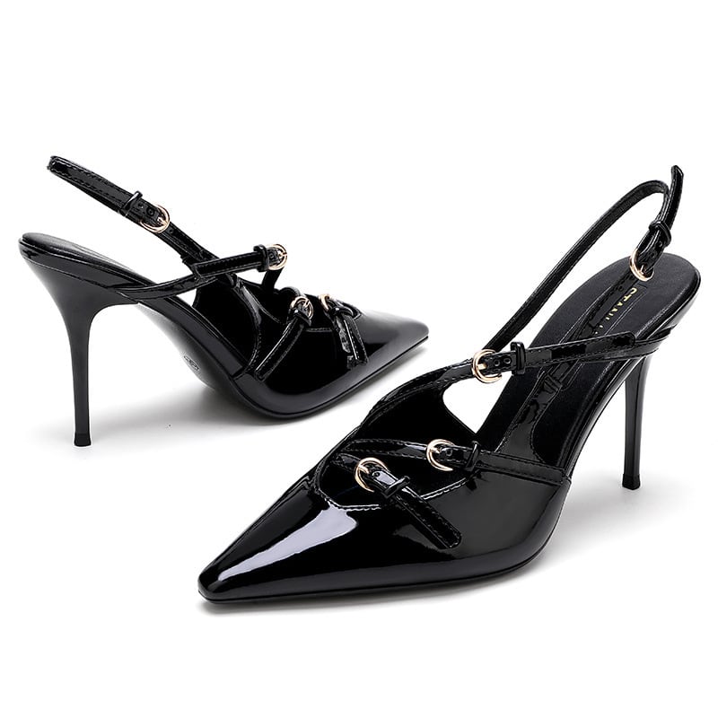 2色】ハイヒール ポインテッドトゥ フレンチ ベルトバックル付き