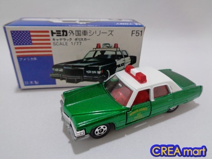 青箱トミカ 日本製 F51 キャデラック ポリスカー 緑 [絶版トミカ