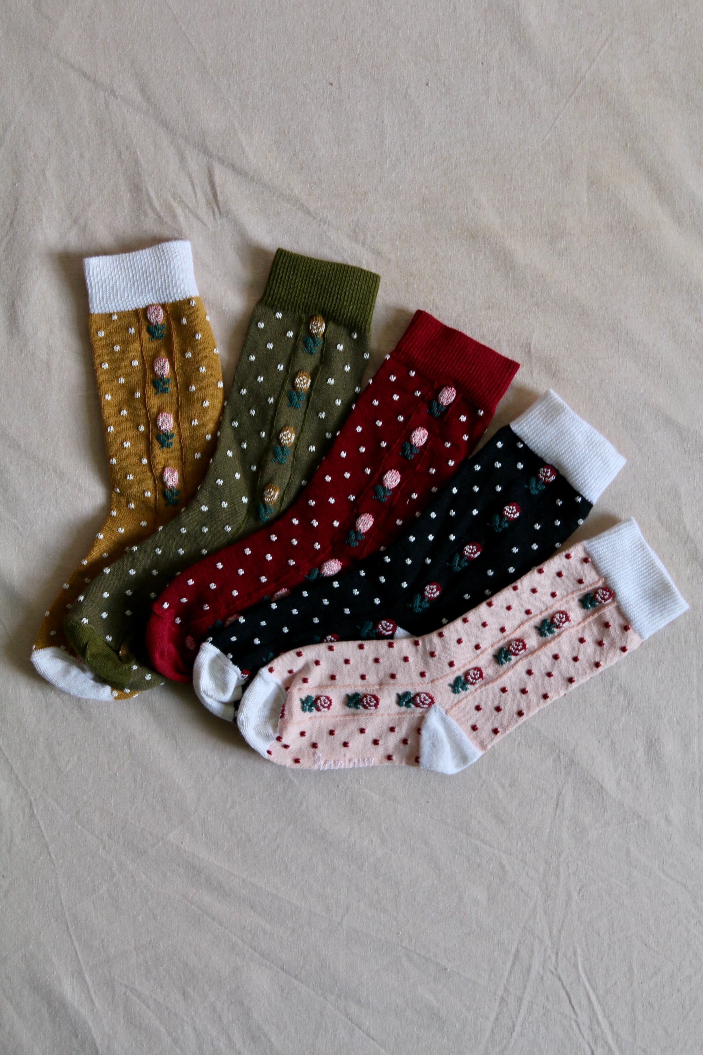 BONJOUR DIARY Dots/flowers socks red SML *10/3(金)以降発送