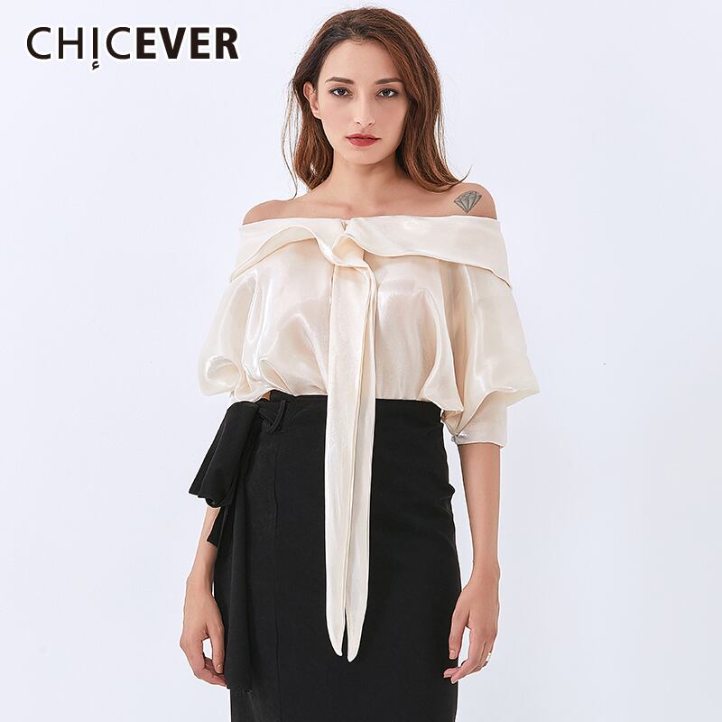 CHICEVER気質シャツ女性スラッシュカラーレースアップバットウィングスリーブルーズセクシーブラウス2020タイド 6base518129971061
