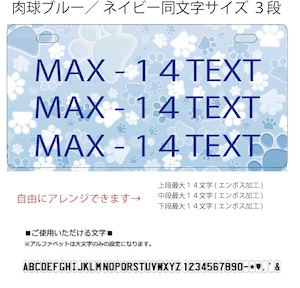 USプレート同文字サイズ３段　背景：肉球ブルー　文字色：ネイビー