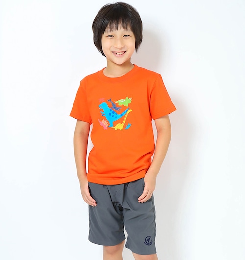 恐竜プリントＴシャツ（子供用ティラノサウルス）カリフォルニアオレンジ