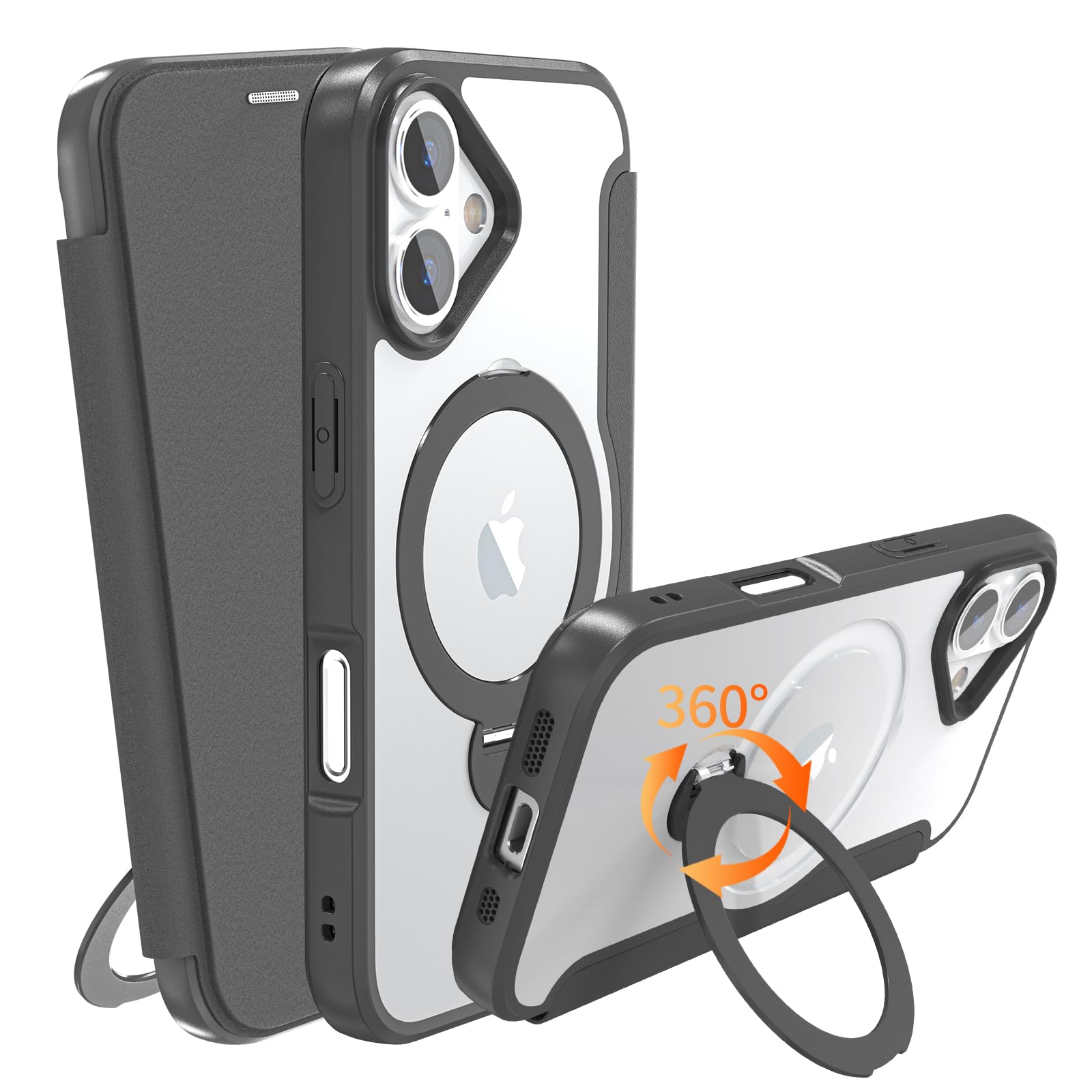 IIKAYO iPhone 17 用 ケース 手帳型 カード収納 背面クリア MagSafe対応 リング付き 360°回転スタンド軽い 薄型 耐衝撃 全面保護 縦横両対応 レザー素材 マグセーフ対応 おしゃれ 黒