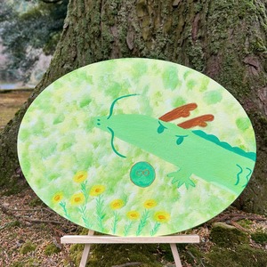 緑龍さまと黄金色のまる花の開運アート（大）