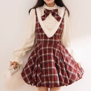 チェック柄フェイクレイヤードバルーンワンピ ・75291 チェック柄フェイクレイヤードバルーンワンピ ・75291