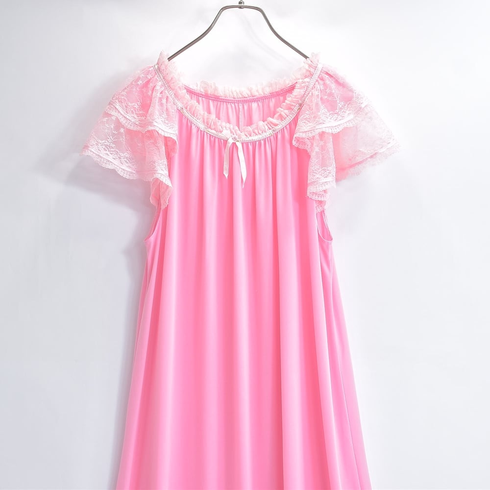 80s 90s Fancy lace レースフリル リボンデザイン ガーリー フェミニン パジャマワンピース USED ヴィンテージ ビンテージ 古着 レディース M~L相当