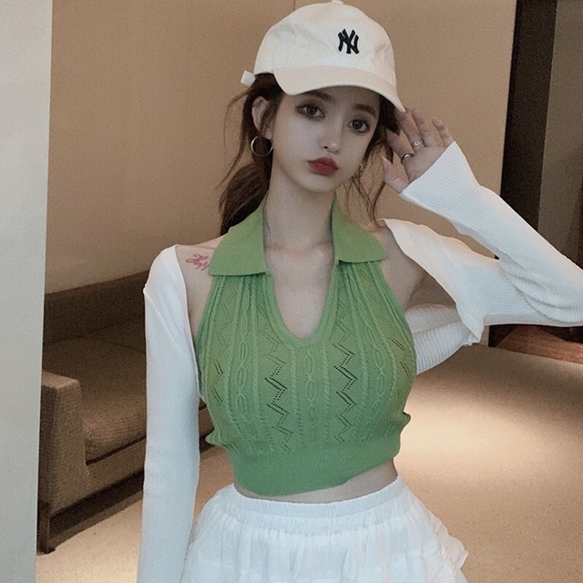 ホルターノースリーブトップス バックショート ガールズファッション33944430570