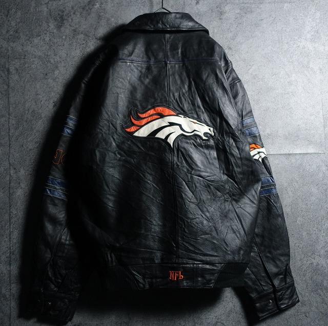 “NFL” Black BRONCOS Logo Embroidery & Switching Design Leather Jacket