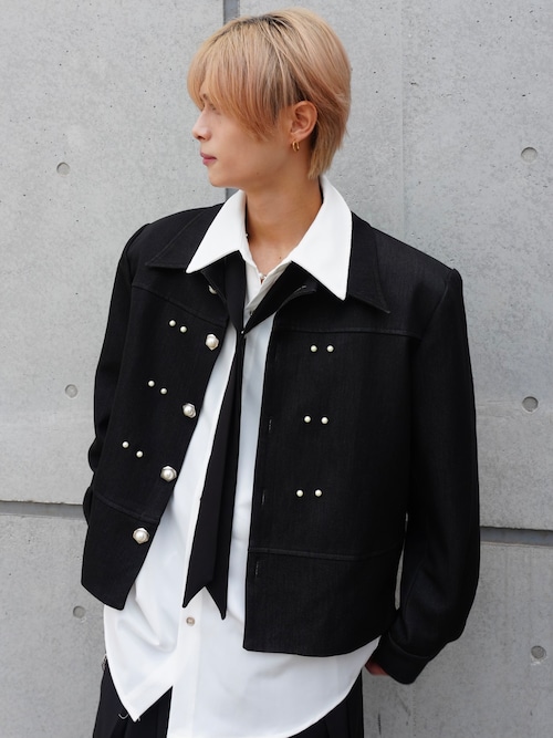 【ALUDEOSAKA】pearl design short jacket(ブラック) [サイズ: F] [カラー: black]