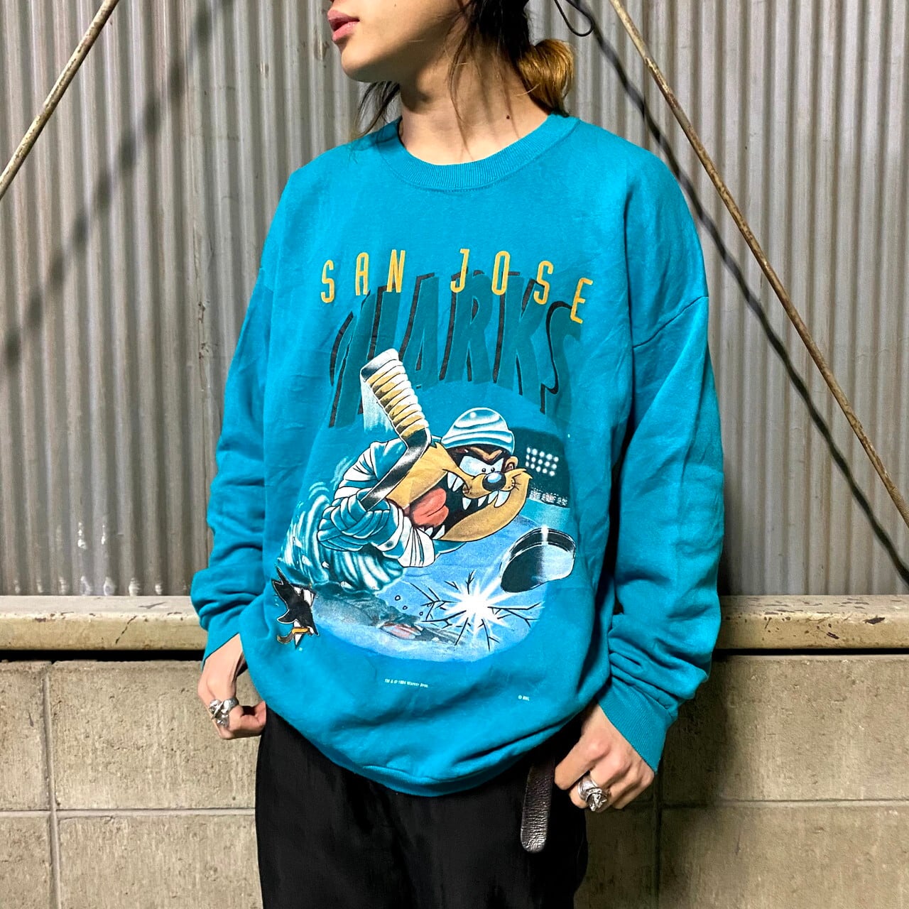 90年代 ビンテージ NHL チーム系 タズマニアンデビル スウェット メンズXL 古着 キャラクター SAN JOSE SHARKS サンノゼ  シャークス 90s ヴィンテージ トレーナー エメラルドグリーン【スウェット】【AL2110】 | cave 古着屋【公式】古着通販サイト