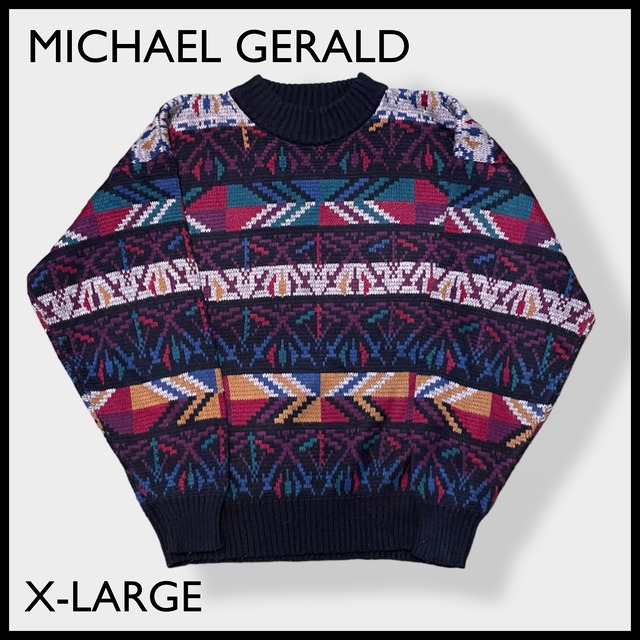 【MICHAEL GERALD】韓国製 柄ニット セーター ニット 幾何学 ネイティブ 総柄 オールパターン 柄物 XL ビッグシルエット アクリル US古着