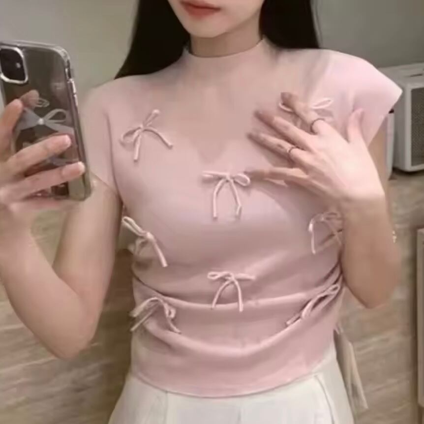 リボンモチーフクルーネックニットTシャツ