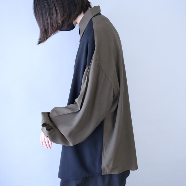 "black×khaki" bi-color switching design loose silhouette shirt