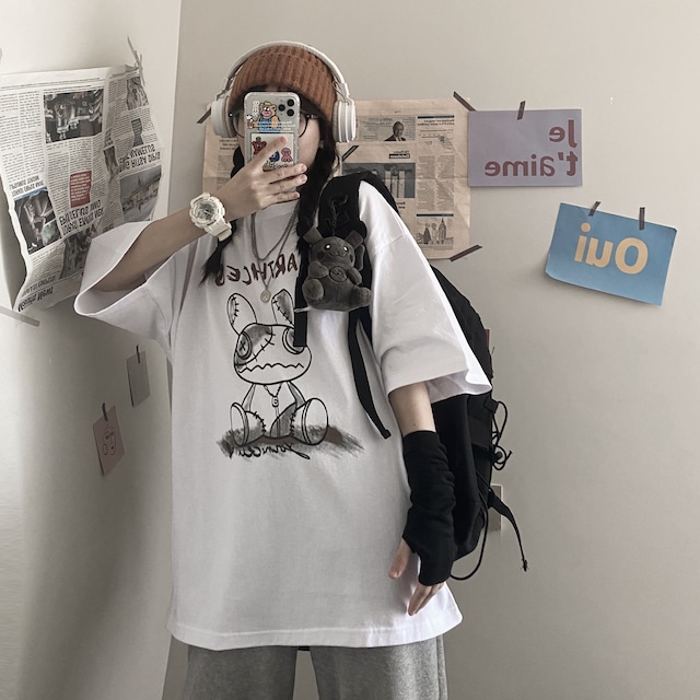 Tシャツ夏服レディース韓国ファッショントレンドホワイトルーズプリントトップス 夏物 ボーイズ スタイル デーモン Pleglad Demon