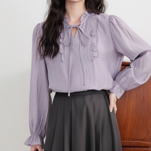 フリルリボンネッククリンクルブラウス ・74463