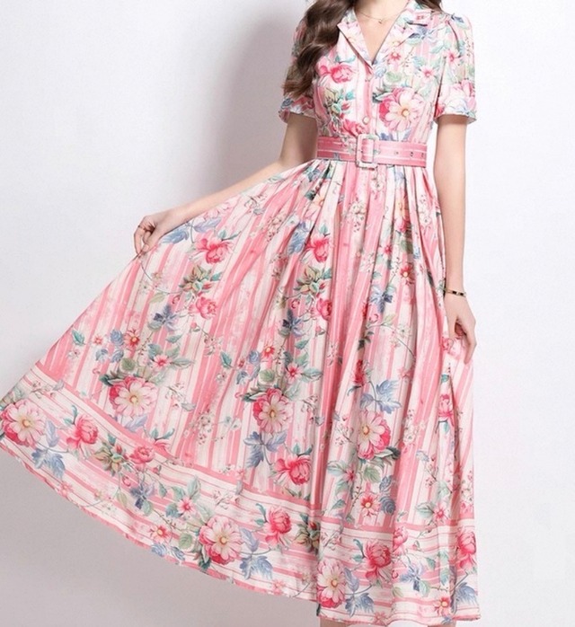 flower desigh one pieceフラワーフレアデザインロングワンピース