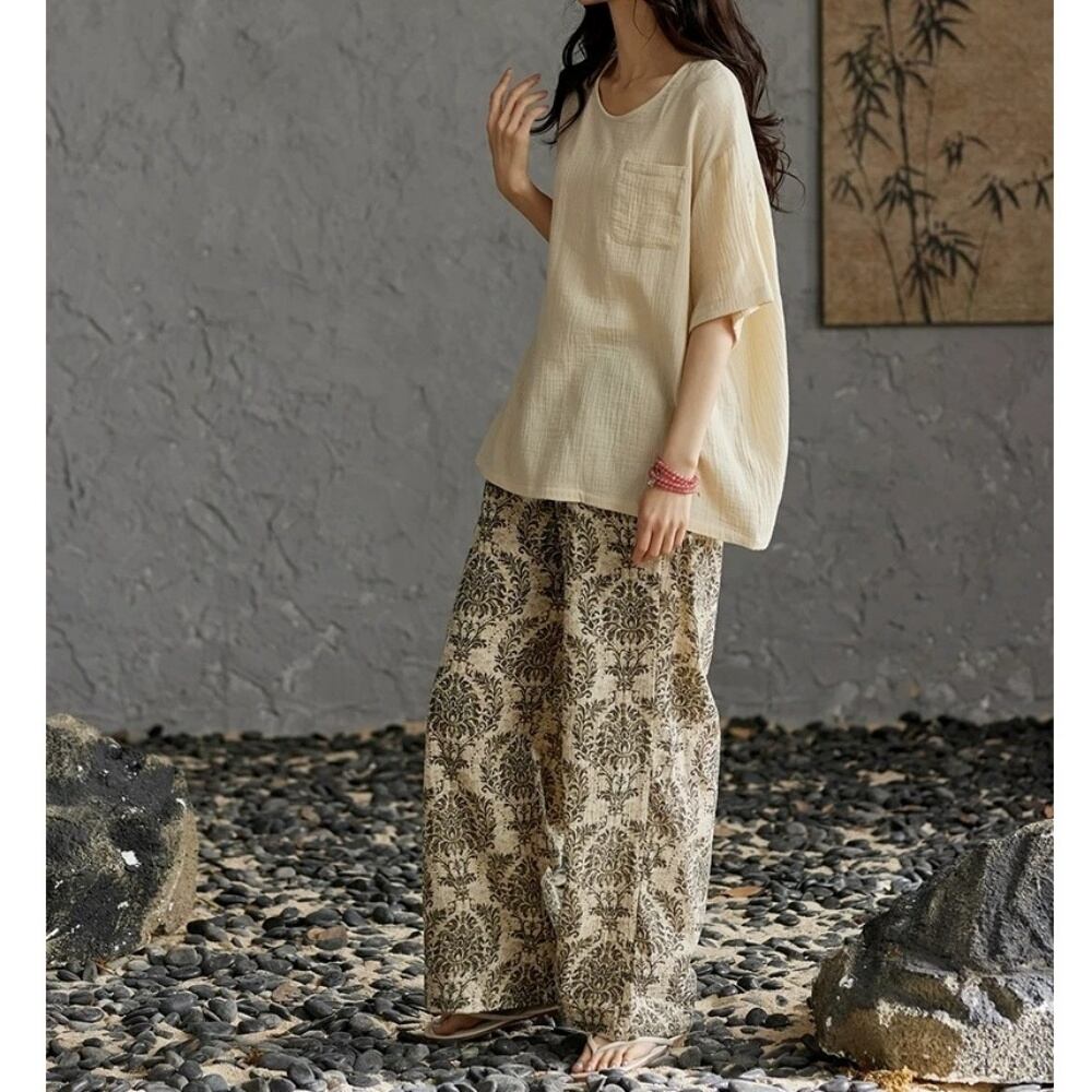 訳ありSALE【M-XL】botanical print t-shirt longpants pajamas p1715