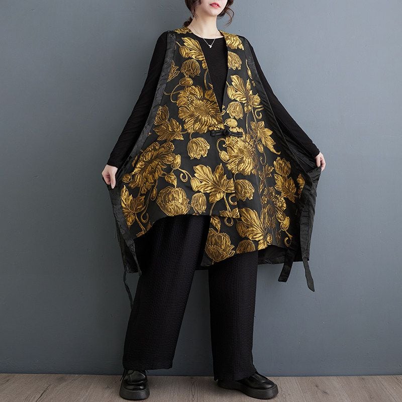 FLORAL JACQUARD SLEEVELESS LAYERED VEST COAT M-18220