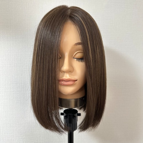 3Dウィッグ 未カット 30cm  ナチュラルブラウン系ハイライト 百合子ウィッグレミー人毛100%