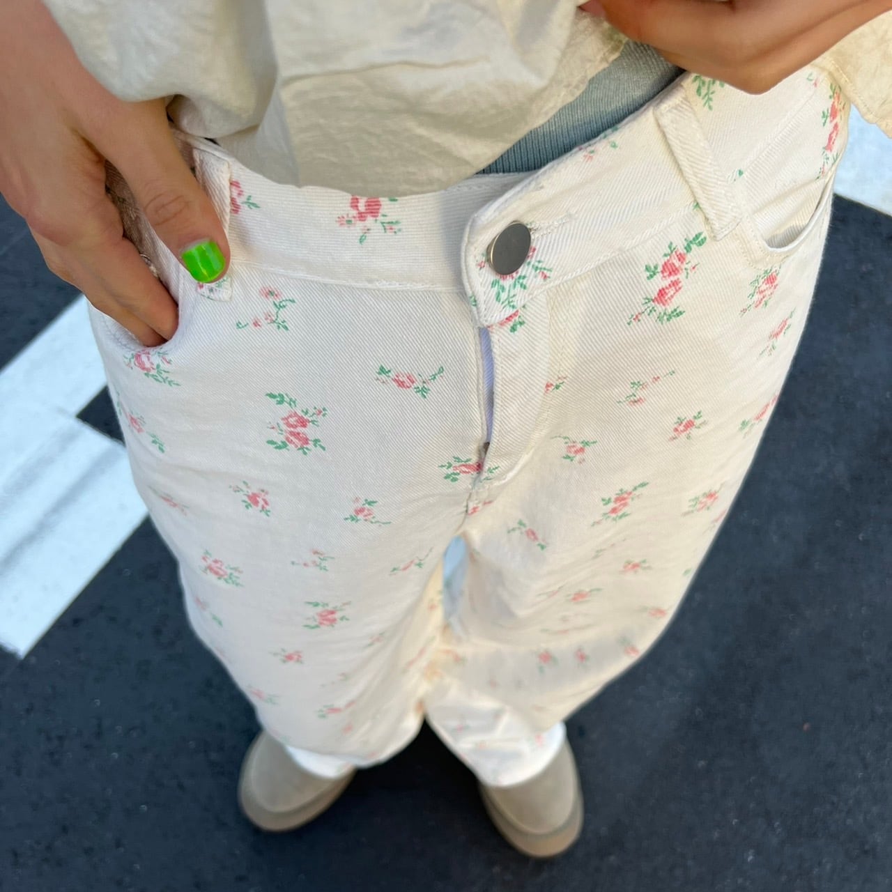 フラワープリントワイドストレートデニム_ LN02343