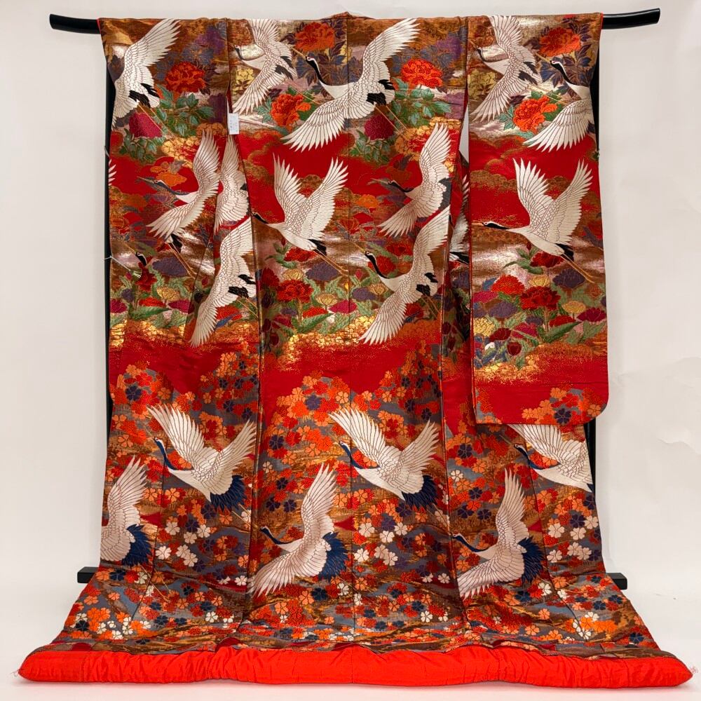 色打掛 正絹 鶴 刺繍 赤 打掛 花嫁衣裳 ポリエステル リサイクル 中古 ブライダル ウエディング 着物 6656